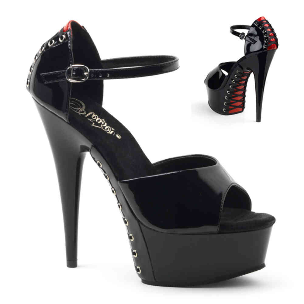 Pleaser - DELIGHT-660FH Knöchelriemen-Sandale - Schwarz/Rot